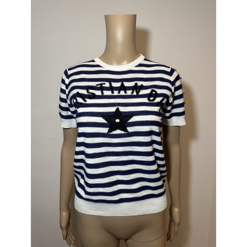 Christian Dior Knit Top Navy Blue And  White Stripes Star Graphic Short Sleeve